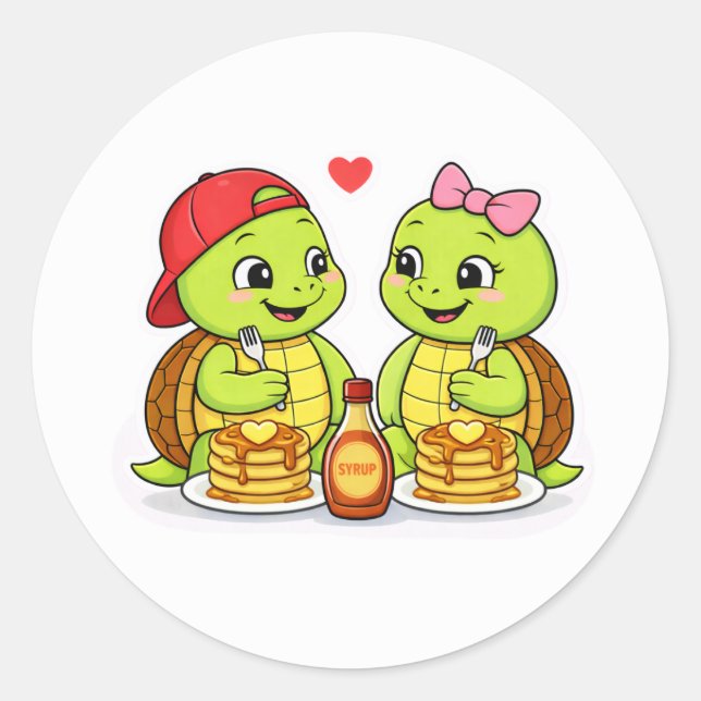 Turtles enjoying breakfast together classic round sticker (Front)