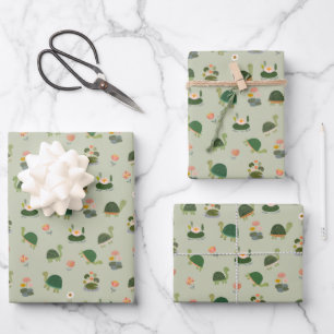 Turtles & Lily Pads on Gin Green Wrapping Paper Sheet