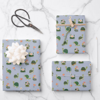 Turtles & Lily Pads on Light Blue Wrapping Paper Sheet
