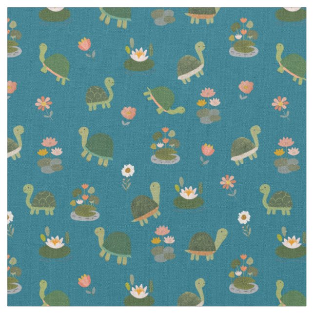 Turtles & Lily Pads on Teal Fabric (Close Up)