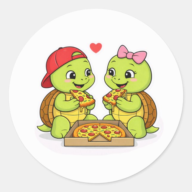 Turtles sharing pizza and smiles classic round sticker (Front)