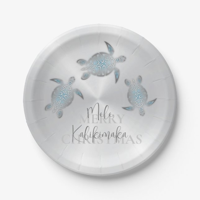 Turtles Silver | Mele Kalikimaka | Christmas Paper Plate (Front)