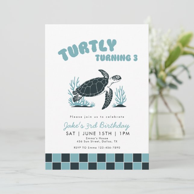 Turtly Turning 3 Turtle Blue Check 3rd Birthday  Invitation (Standing Front)