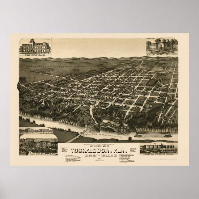 Tuscaloosa, AL Panoramic Map - 1887 Poster (Front)
