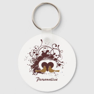 Tuscan Brown Love Birds With Name Keychain