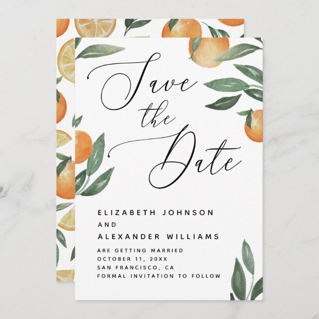 Tuscan Citrus Wedding | Elegant Script Orange Save The Date (Front/Back)
