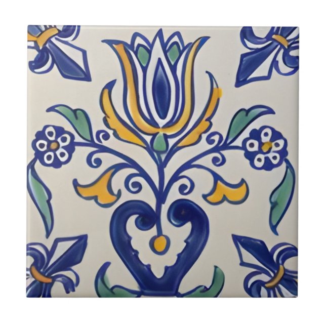 tuscan classic blue yellow floral pattern tiles (Front)