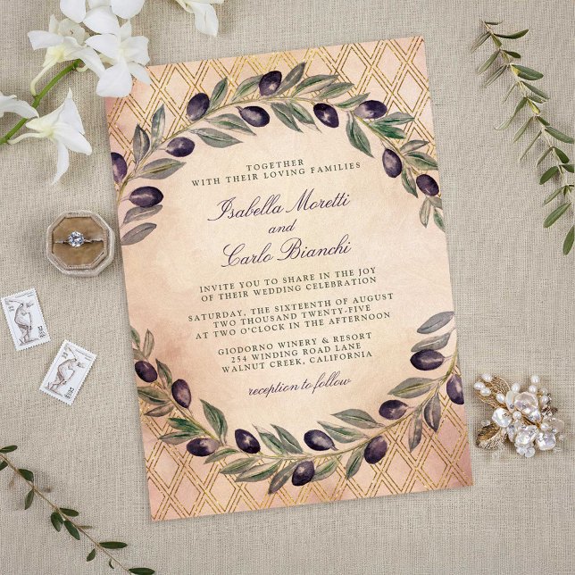 Tuscan Gold Lattice and Olive Branches Wedding Invitation (Tuscan Gold Lattice and Olive Branches Wedding Invitations)