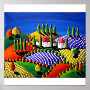 Tuscan Landscape Colourful Folk Art Canvas Print