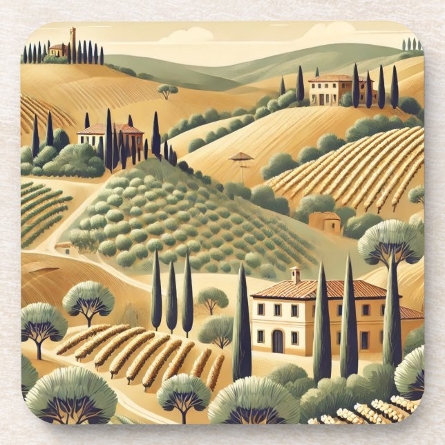 Tuscan Landscape Print Coaster Set (Front)