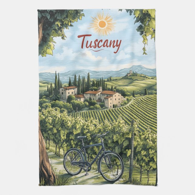 Tuscan Landscape with Vineyards and a Bicycle Kitchen Towel (Vertical)