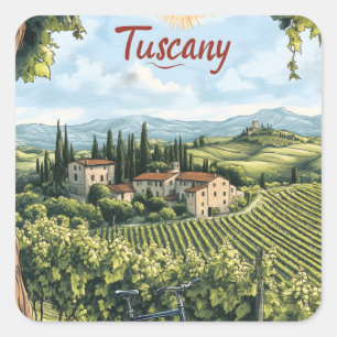 Tuscan Landscape with Vineyards and a Bicycle Square Sticker