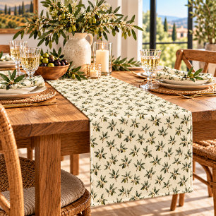 Tuscan Mediterranean Green Olive Sprigs Pattern Short Table Runner