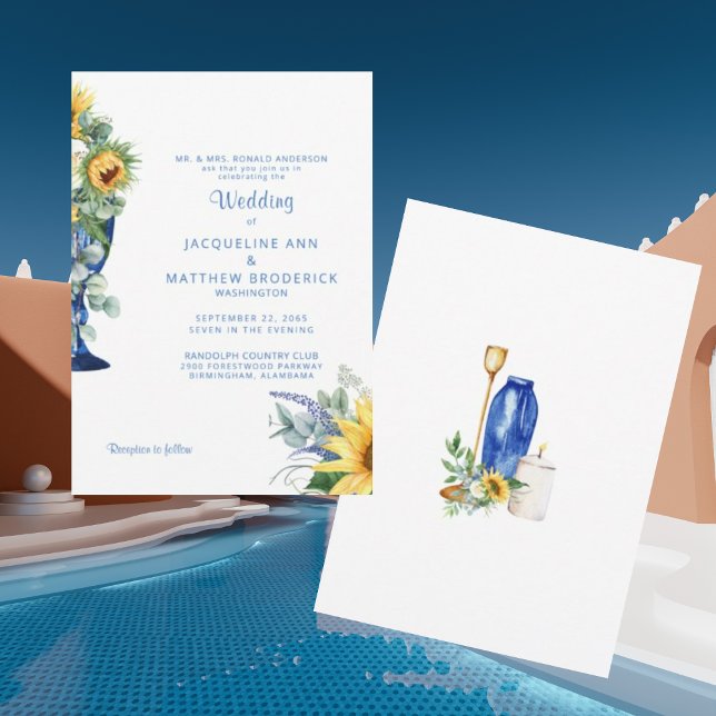 Tuscan Sunflower Bride Parents Wedding Blue Text Invitation (Creator Uploaded)