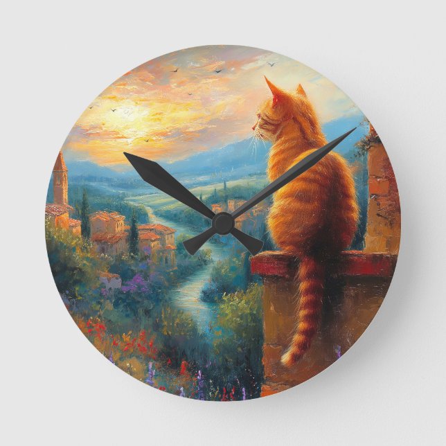 Tuscan Sunset with a Ginger Cat Round Clock (Front)