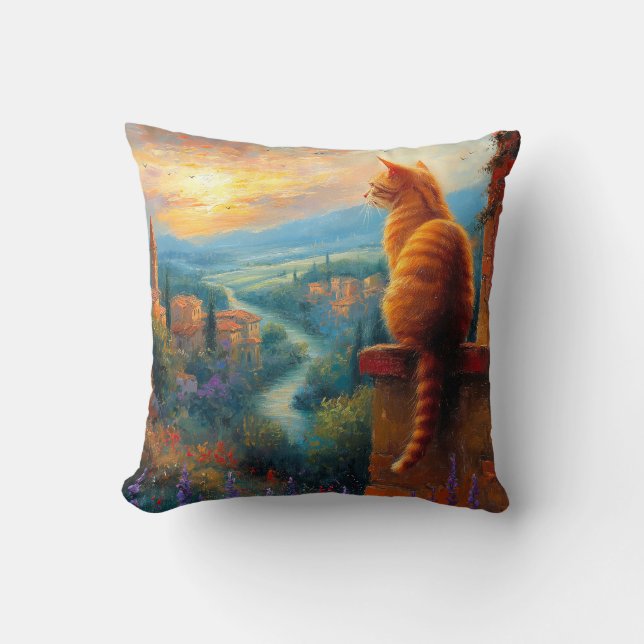 Tuscan Sunset with a Ginger Cat Throw Pillow (Front)