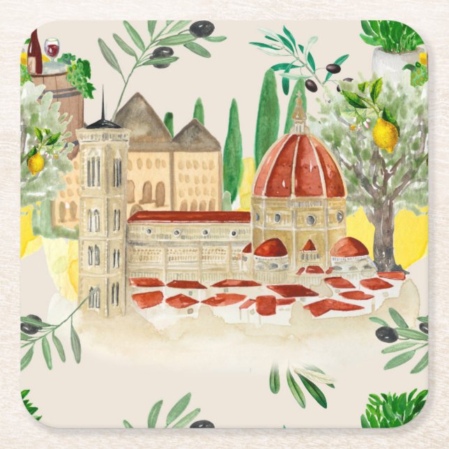 Tuscan,Tuscany,Italy,olives,lemons, citrus   Square Paper Coaster (Front)