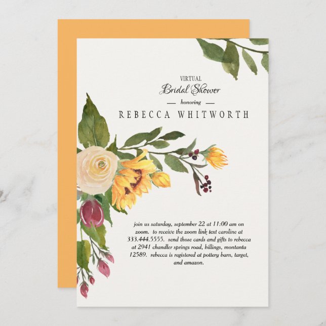 Tuscan Virtual GoldSunflower Floral Bridal Shower Invitation (Front/Back)