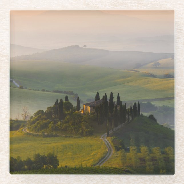 Tuscany hill landscape at sunrise glass coaster (Front)