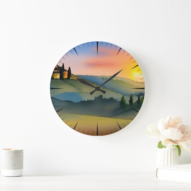 Tuscany Hills Scenic Watercolor   Large Clock (Home)