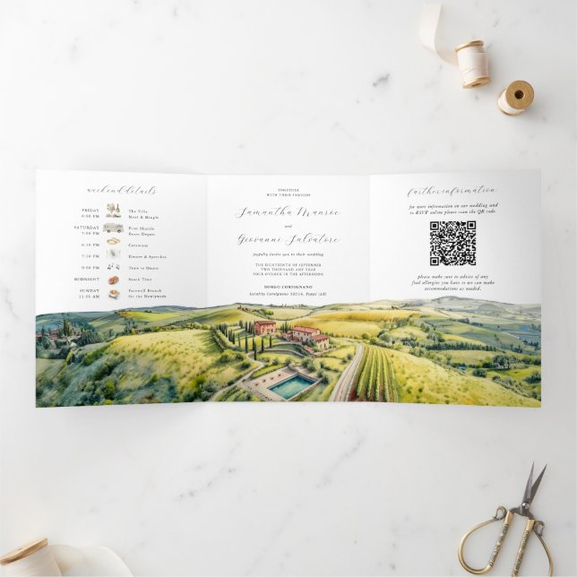 Tuscany Italy | Illustrated Wedding  Tri-Fold Invitation (Inside)