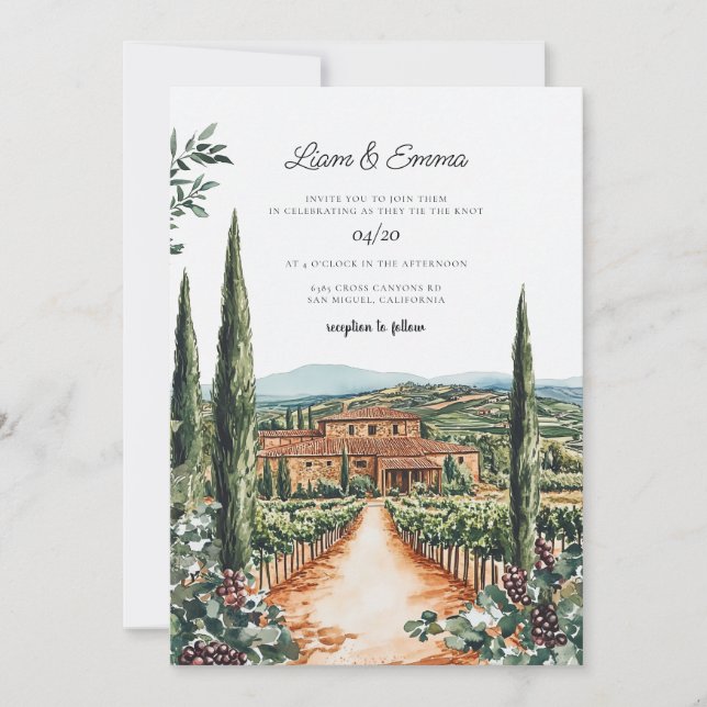 Tuscany Italy Villa Watercolor Wedding Invitation (Front)
