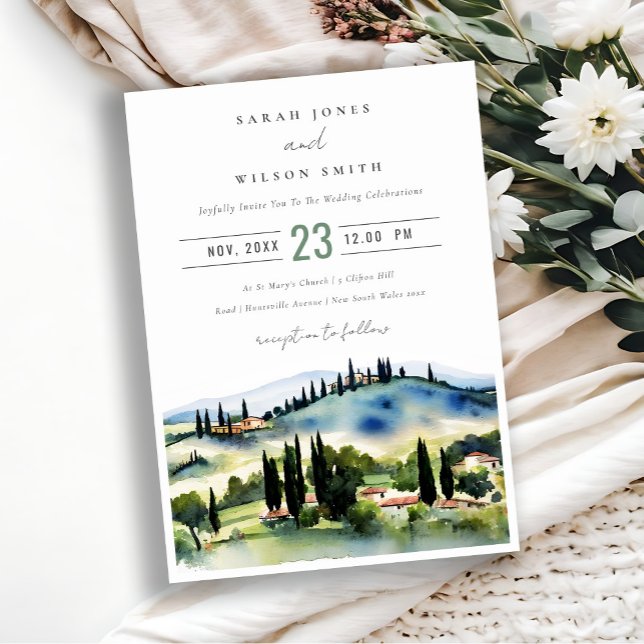 Tuscany Italy Watercolor Landscape Wedding Invitation (Creator Uploaded)