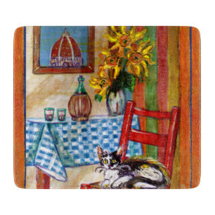 TUSCANY KITCHEN CAT,SUNFLOWERS WINE GLASSES CUTTING BOARD