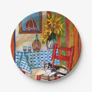 TUSCANY KITCHEN CAT,SUNFLOWERS WINE GLASSES  PAPER PLATE