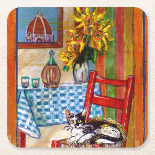 TUSCANY KITCHEN CAT,SUNFLOWERS WINE GLASSES SQUARE PAPER COASTER