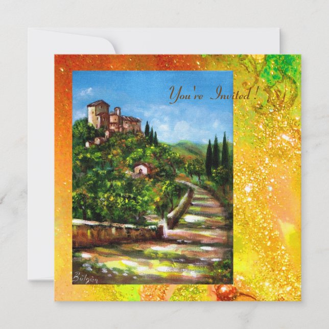 TUSCANY LANDSCAPE, red green yellow gold sparkles Invitation (Front)