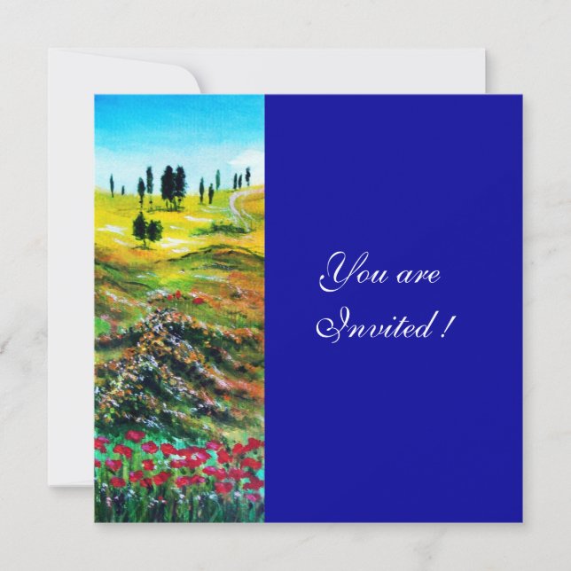 TUSCANY LANDSCAPE WITH POPPIES ,blue Invitation (Front)