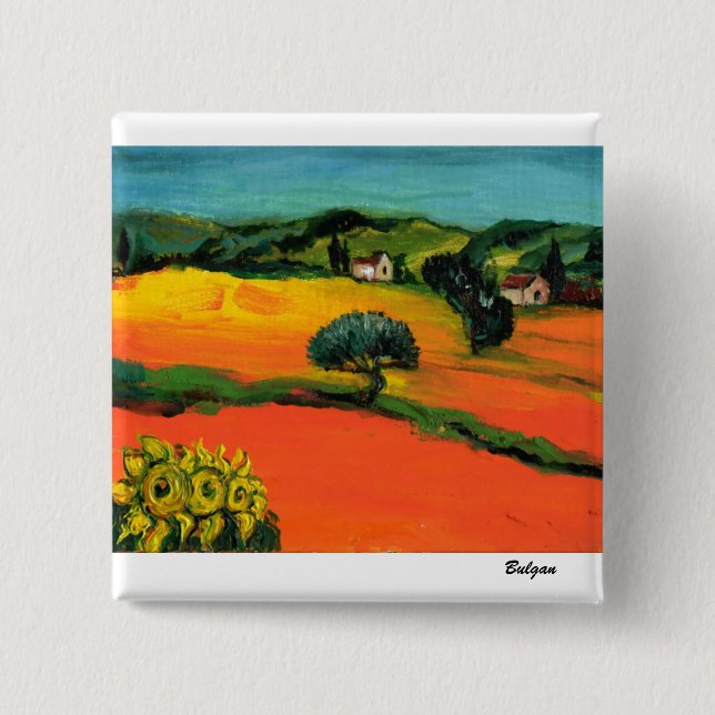 TUSCANY LANDSCAPE WITH SUNFLOWERS 2 INCH SQUARE BUTTON (Front)