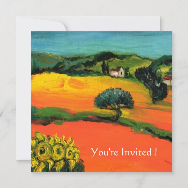 TUSCANY LANDSCAPE WITH SUNFLOWERS orange  black Invitation (Front)