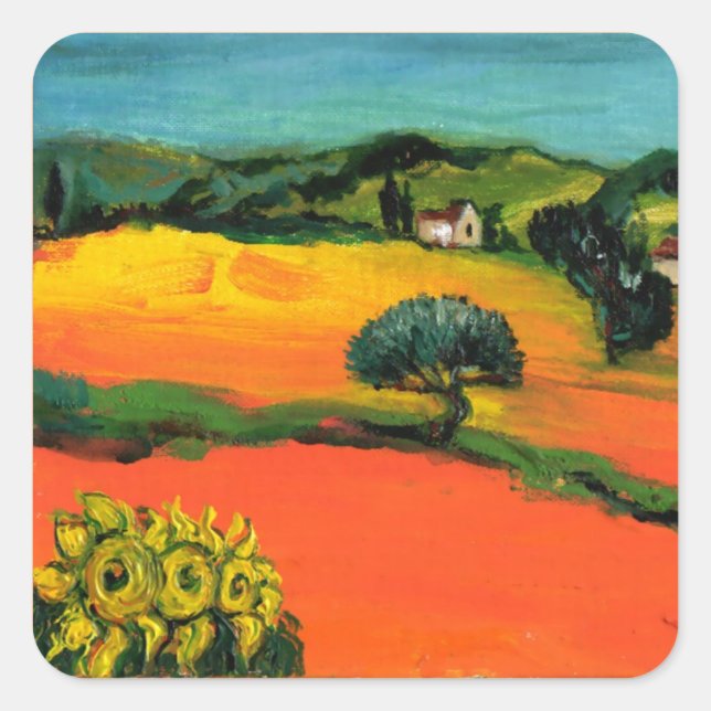 TUSCANY LANDSCAPE WITH SUNFLOWERS SQUARE STICKER (Front)