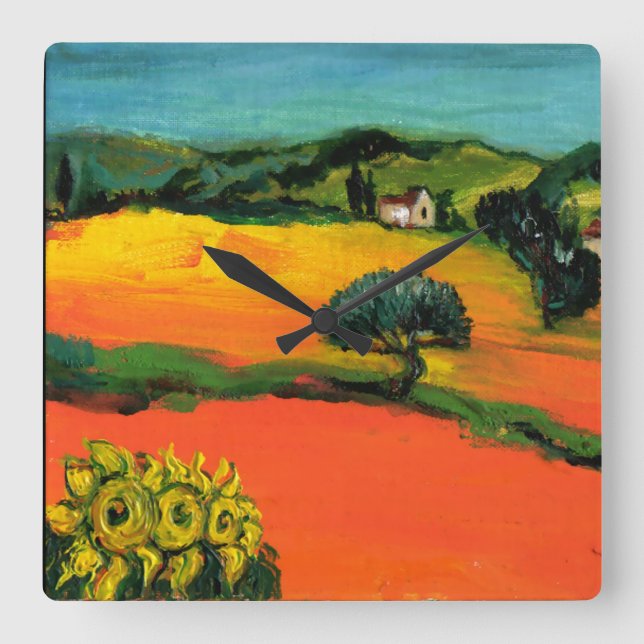 TUSCANY LANDSCAPE WITH SUNFLOWERS SQUARE WALL CLOCK (Front)