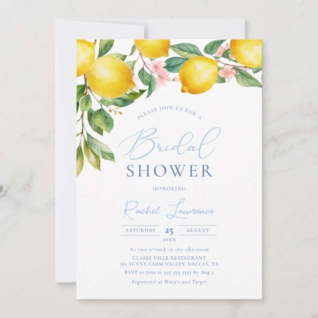 Tuscany Lemons Blue Tile Pattern Bridal Shower Invitation (Front)