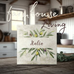 Tuscany Rustic Olives Italia Brown Script Tile<br><div class="desc">Bella Cucina Rustic watercolor olive bouquet of branches & leaves. Done in a coordinating brown script.  Mix & match with other tiles in this same coordinating theme to create your perfect look.   100% customer satisfaction with "Zazzle" every day.</div>
