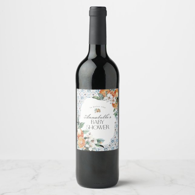 Tuscany Tile Citrus Italian Baby Shower Barware Wine Label (Front)