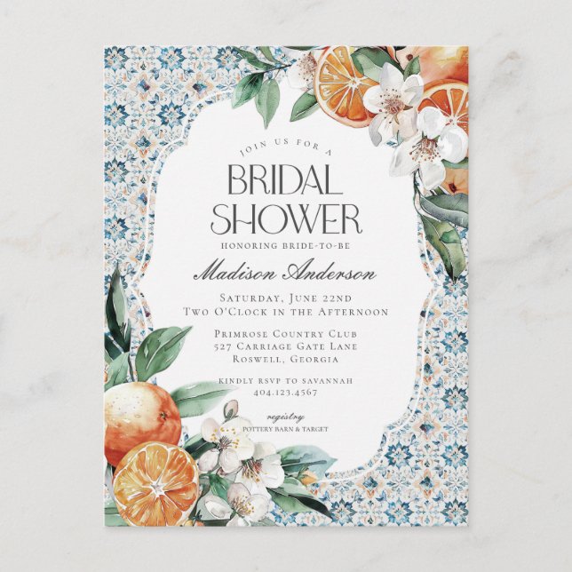 Tuscany Tile Coastal Italian Bridal Shower Invite Postcard (Front)
