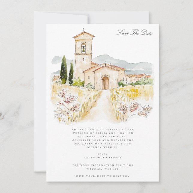 Tuscany Watercolor Italian Save The Date Card (Front)