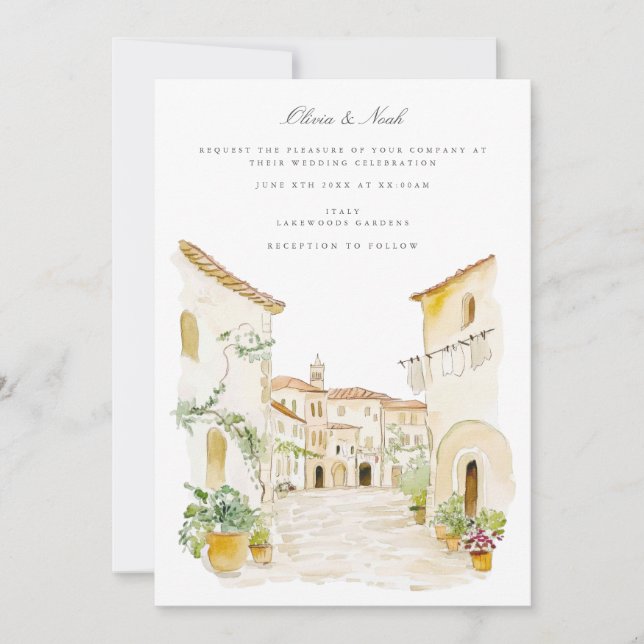 Tuscany Watercolor Italian Wedding Invitation Card (Front)