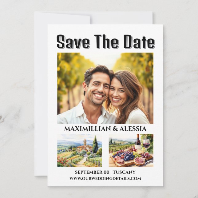 Tuscany wedding destination watercolor photo chic save the date (Front)