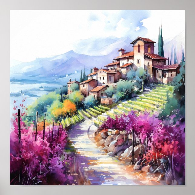 Tuscany Winery Watercolor Art Poster (Front)
