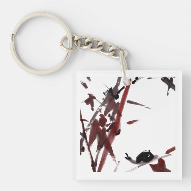 Tuschekunst mit Schnecke und Rotem Bambus Keychain (Front)