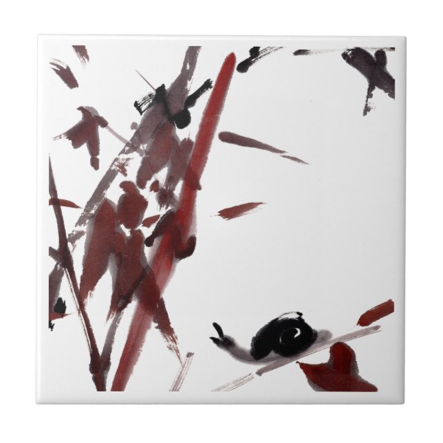 Tuschekunst mit Schnecke und Rotem Bambus Tile (Front)