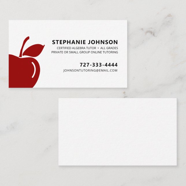 Tutor Teacher Ruby Red Apple Logo Black Text Business Card (Front/Back)