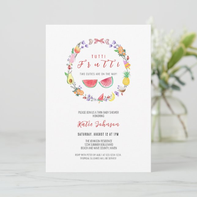 Tutti Frutti Baby Shower, Summer Tropical Twins Invitation (Standing Front)