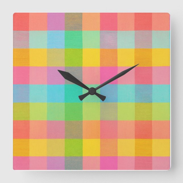 Tutti Frutti Plaid – Colourful Chequered Wall Cloc Square Wall Clock (Front)