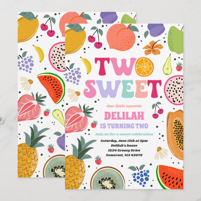 Tutti Frutti Tropical Summer Two Sweet Birthday Invitation (Front/Back)